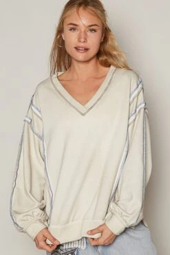 V-Neck Long Sleeve French Terry Top | S - L POL