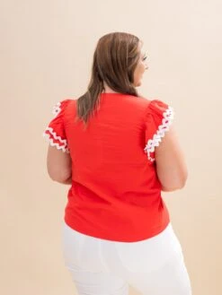 Ruffle Sleeve Round Neck Woven Top W/ Contrast Trim | S-L -Discount Divas Shop f40bbc22f52031764c9f710c3382a161