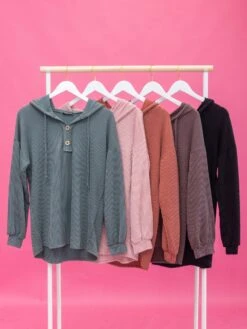 Drawstring Hood Solid Raised Rib Hoodie Top | S-3X