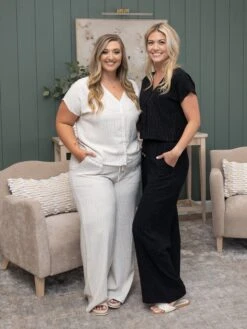 Short Sleeve Dolman V-Neck Button Front Pinstripe Top | S-2XL Set W/ SKU54314