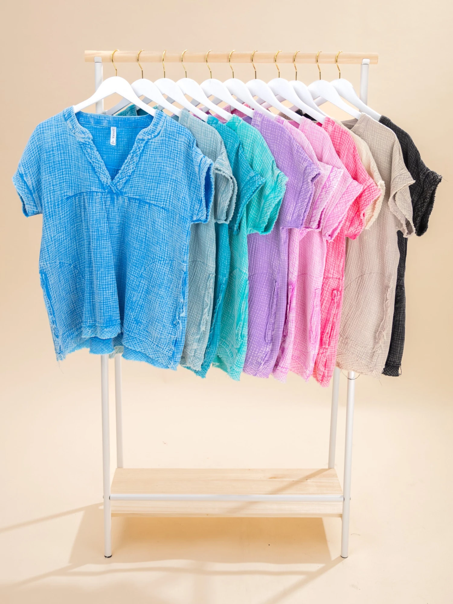 Zenana Washed Double Gauze Raw Edge Short Sleeve Top | S-3X 11 Zenana Washed Double Gauze Raw Edge Short Sleeve Top | S-3X - Image 11