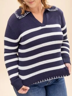 STACCATO Long Sleeve Blanket Stitch Collar Striped Sweater | S-XL -Discount Divas Shop f82a919a309032bad78b261848ddba17