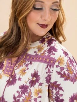 Floral Fall Print 3/4 Length Sleeve Blouse W/ Decorative Trim Details & Tassel Neck Tie | S-L -Discount Divas Shop f89b6556e3e0c3d50d861f5c4afdaa49