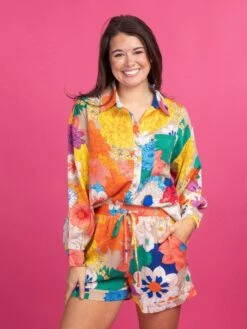 Floral Print Long Sleeve Button Up Top | S-L Set W/ Sku49797