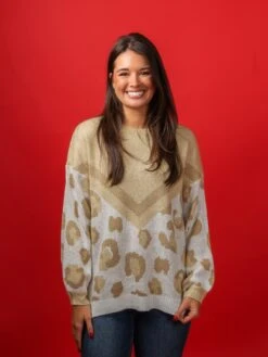 Long Sleeve Round Neck Animal Print Colorblock Sweater | S - L