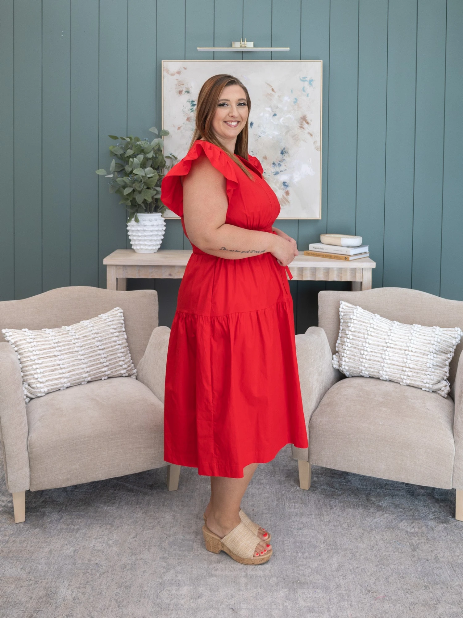 Solid Tiered Midi Dress With Flutter Sleeves And Tie Waist Detail | S-3XL 4 Solid Tiered Midi Dress With Flutter Sleeves And Tie Waist Detail | S-3XL - Image 4