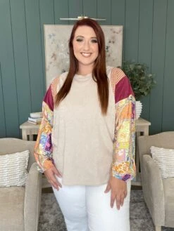Mixed Print Long Sleeve Drop Shoulder Top | S-L Easel