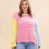 Color Block Striped Patchwork Dolman Sleeve Slit Sweater | S-XL