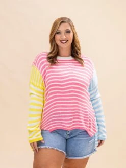 Color Block Striped Patchwork Dolman Sleeve Slit Sweater | S-XL