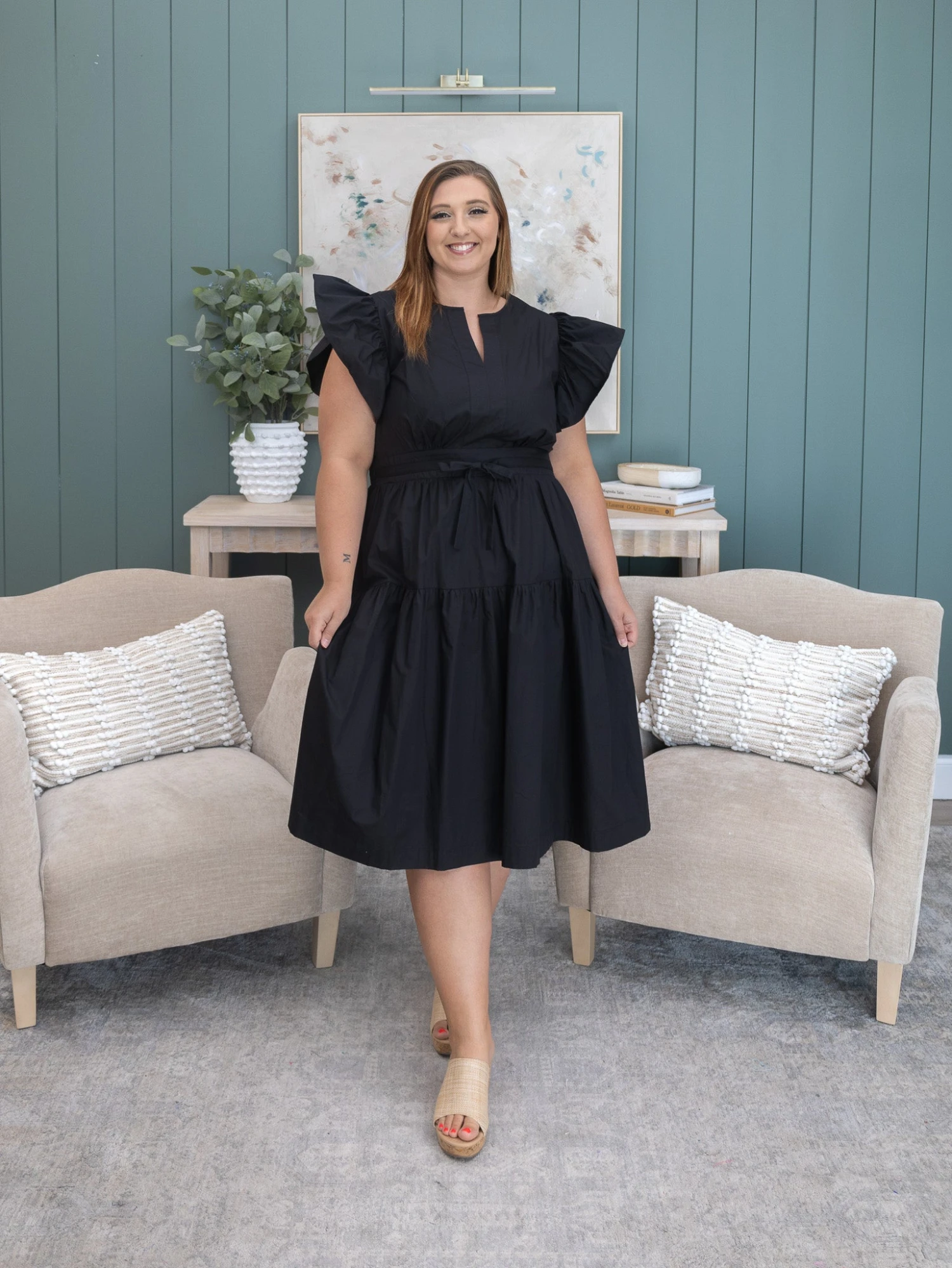 Solid Tiered Midi Dress With Flutter Sleeves And Tie Waist Detail | S-3XL 6 Solid Tiered Midi Dress With Flutter Sleeves And Tie Waist Detail | S-3XL - Image 6
