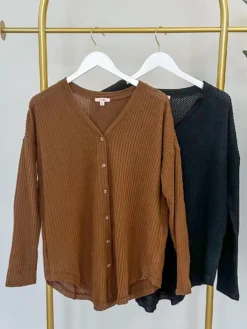 Brushed Waffle Knit Button Up Top | S-3X