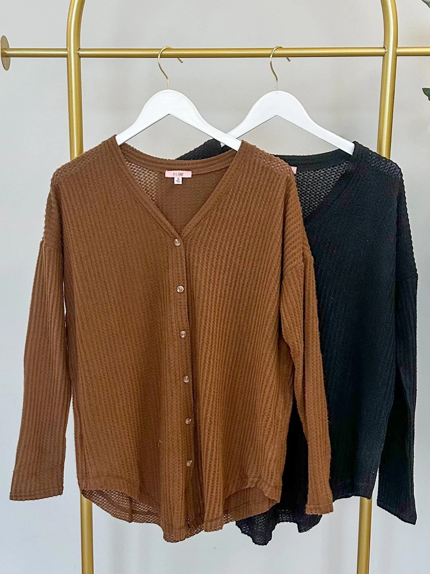 Brushed Waffle Knit Button Up Top | S-3X 1 Brushed Waffle Knit Button Up Top | S-3X