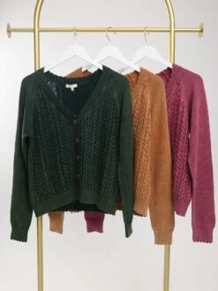 Mineral Washed Button Down V Neck Cable Knit Cardigan | S - L