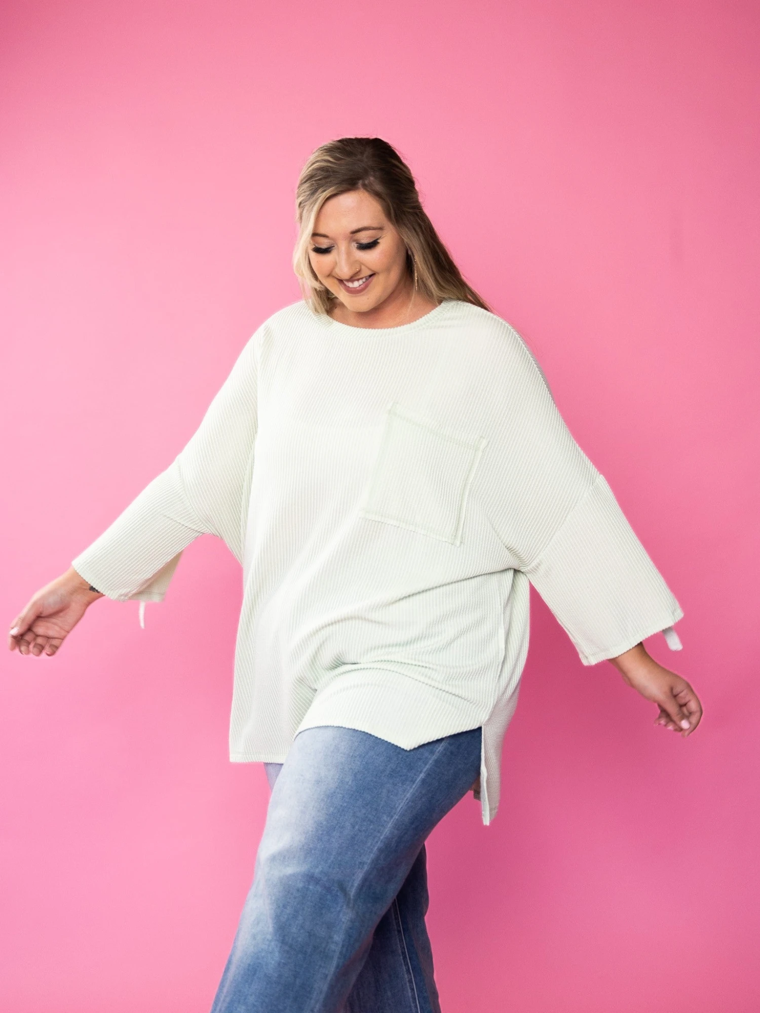 Roll Up Sleeves Round Neck Ribbed Oversized Top W/ Chest Pocket | S-2X 4 Roll Up Sleeves Round Neck Ribbed Oversized Top W/ Chest Pocket | S-2X - Image 4