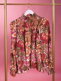 Floral Print Mock Neck Long Sleeve Smoked Yoke Blouse | S - 3XL