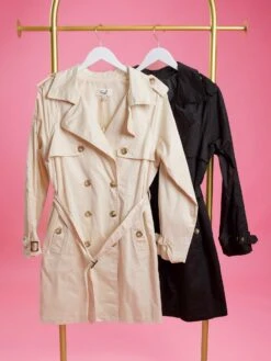 Long Sleeve Woven Collared Trench Coat W/ Belted Waist | S - L