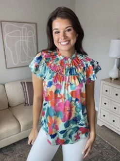 Tiered Ruffle Neckline Floral Print Top | S - XL -