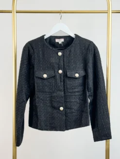 Pearl Button Down Tweed Jacket W/ Round Neck | S - L