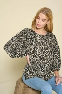 Elbow Balloon Sleeves Pintuck Detail Leopard Printed Blouse *Final Sale*