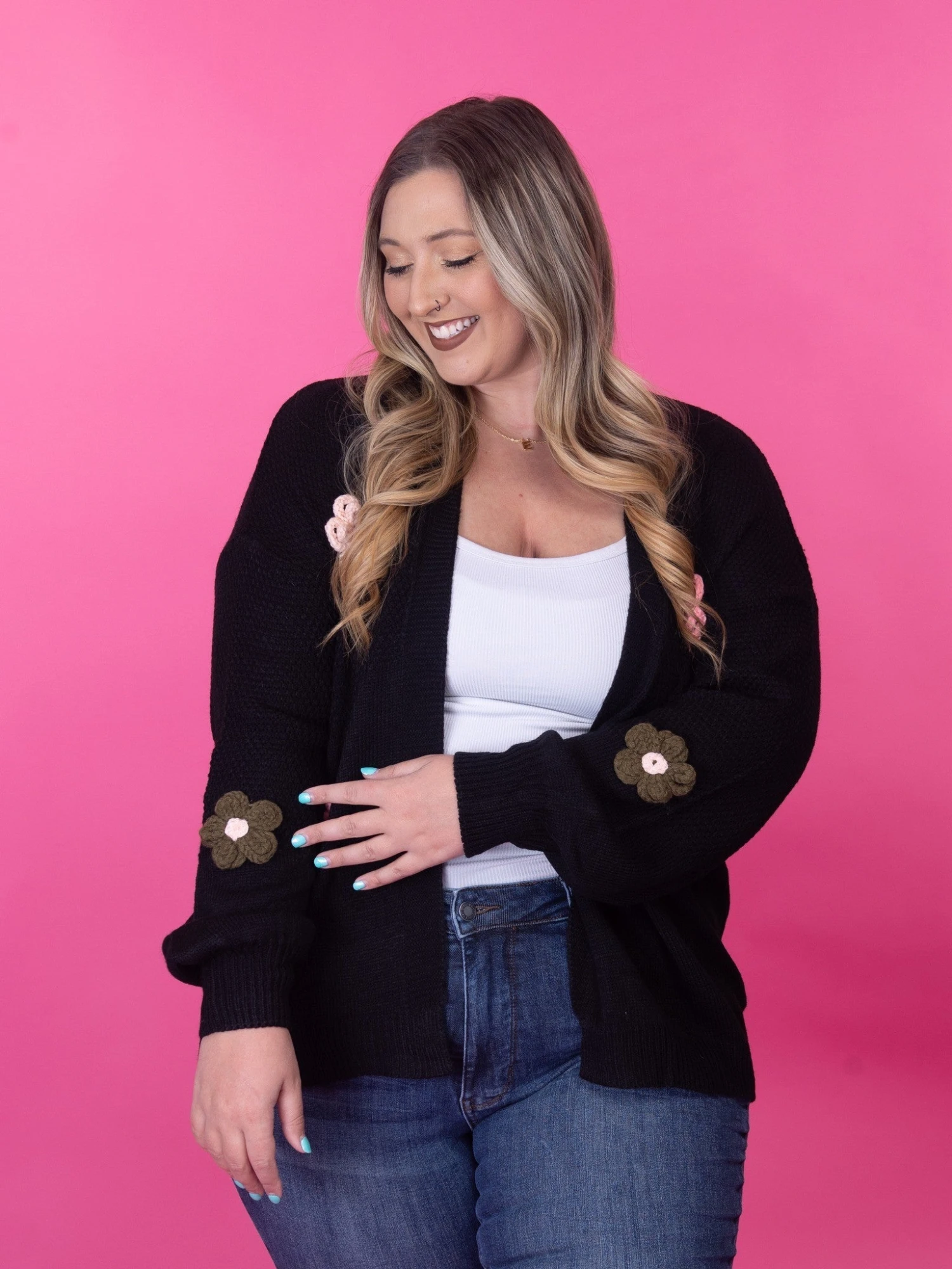 Floral Appliqué Drop Shoulder Open Front Cardigan | S-XL 2 Floral Appliqué Drop Shoulder Open Front Cardigan | S-XL - Image 2