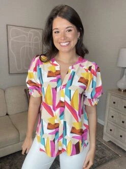 Print V-Neck Bubble Sleeve Top | S - L