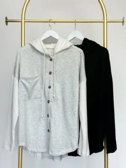 Button Up Contrast Sleeves Drawstring Hooded Jacket | S - XL