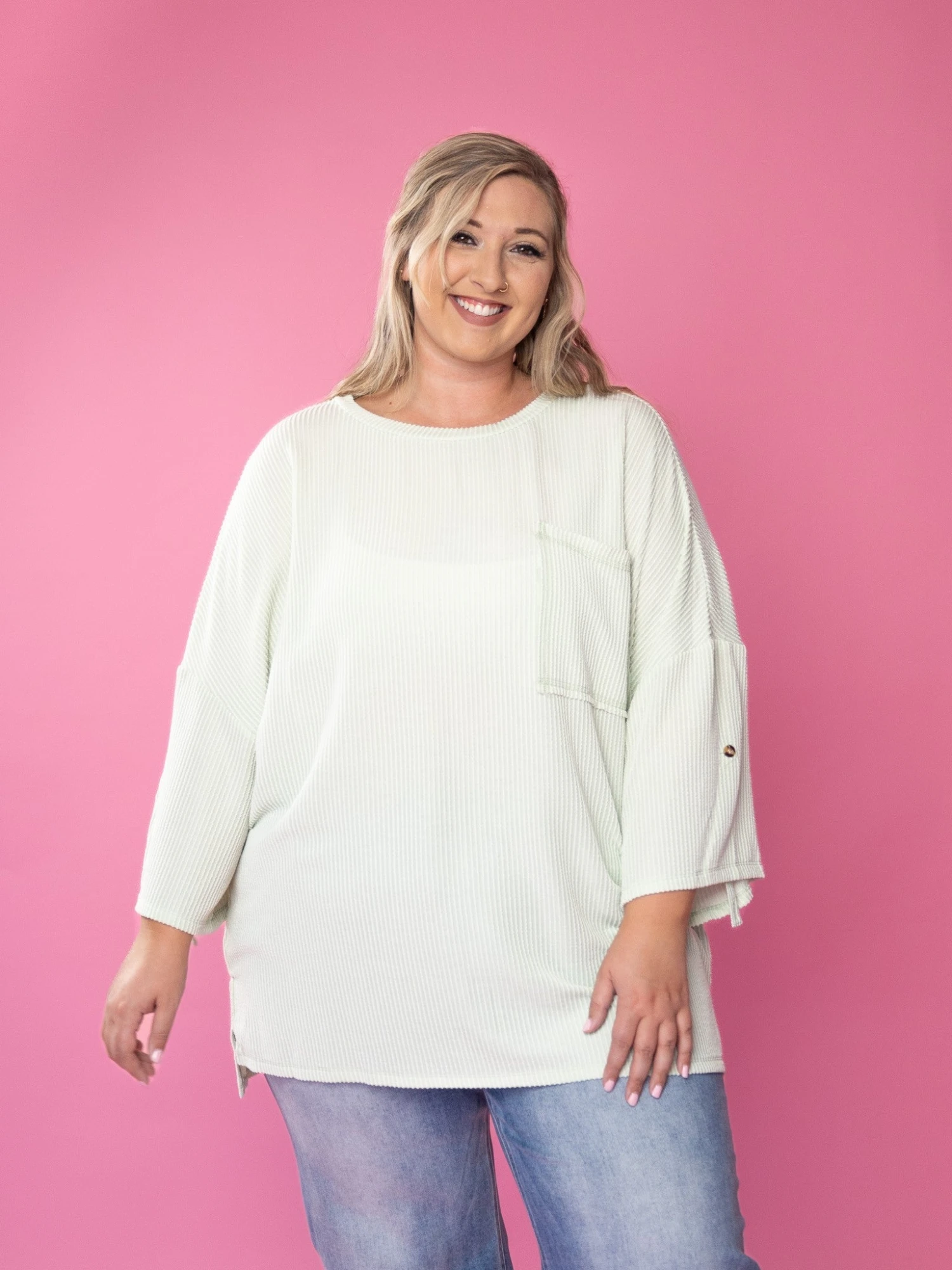 Roll Up Sleeves Round Neck Ribbed Oversized Top W/ Chest Pocket | S-2X 3 Roll Up Sleeves Round Neck Ribbed Oversized Top W/ Chest Pocket | S-2X - Image 3