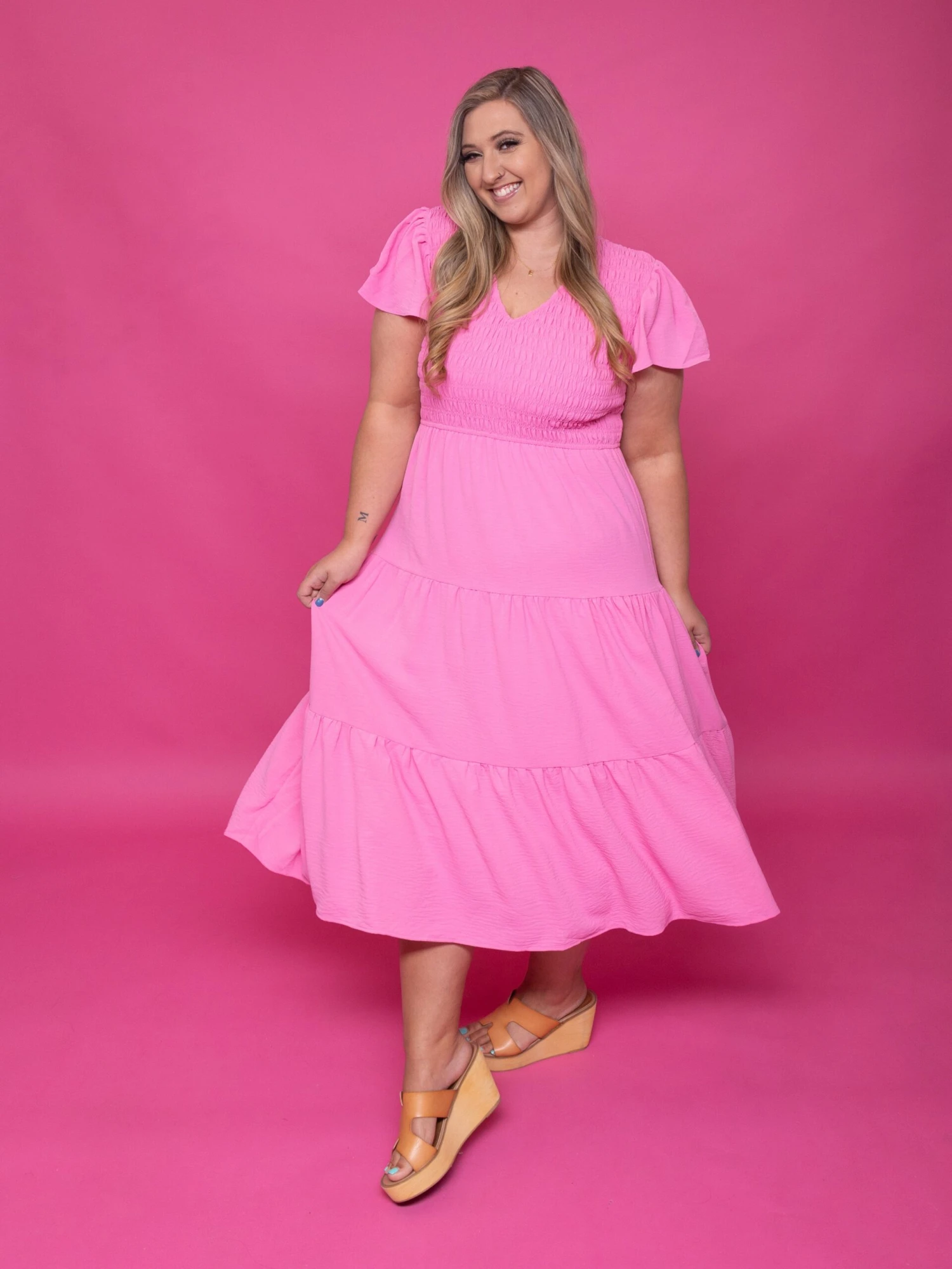 Flutter Sleeve V Neck Smocked Midi Dress | S-3X 2 Flutter Sleeve V Neck Smocked Midi Dress | S-3X - Image 2