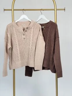 Be Cool Button Up Cable Knit Long Sleeve Round Neck Sweater | S/M - M/L