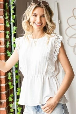 Solid Color Lace Trimmed Round Neck Peplum Top | S - 3X
