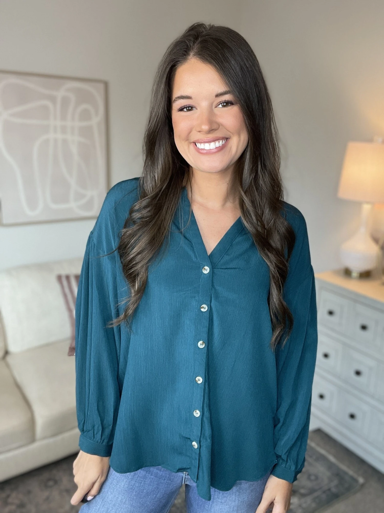 V Neck Button Down Long Sleeve Blouse | S - 3X 2 V Neck Button Down Long Sleeve Blouse | S - 3X - Image 2