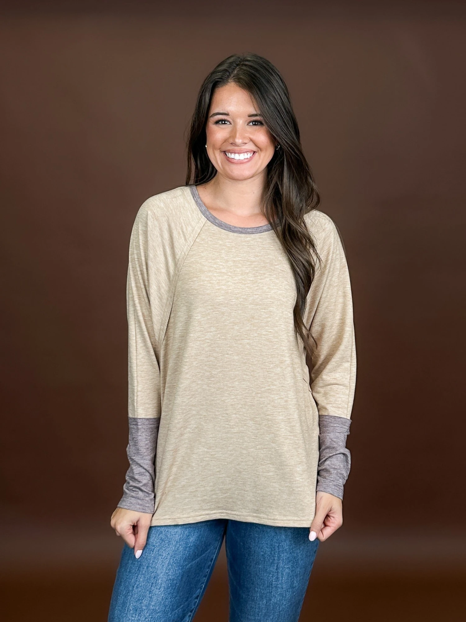 Contrast Cuff Long Batwing Sleeve Round Neck Top | S - XL 1 Contrast Cuff Long Batwing Sleeve Round Neck Top | S - XL