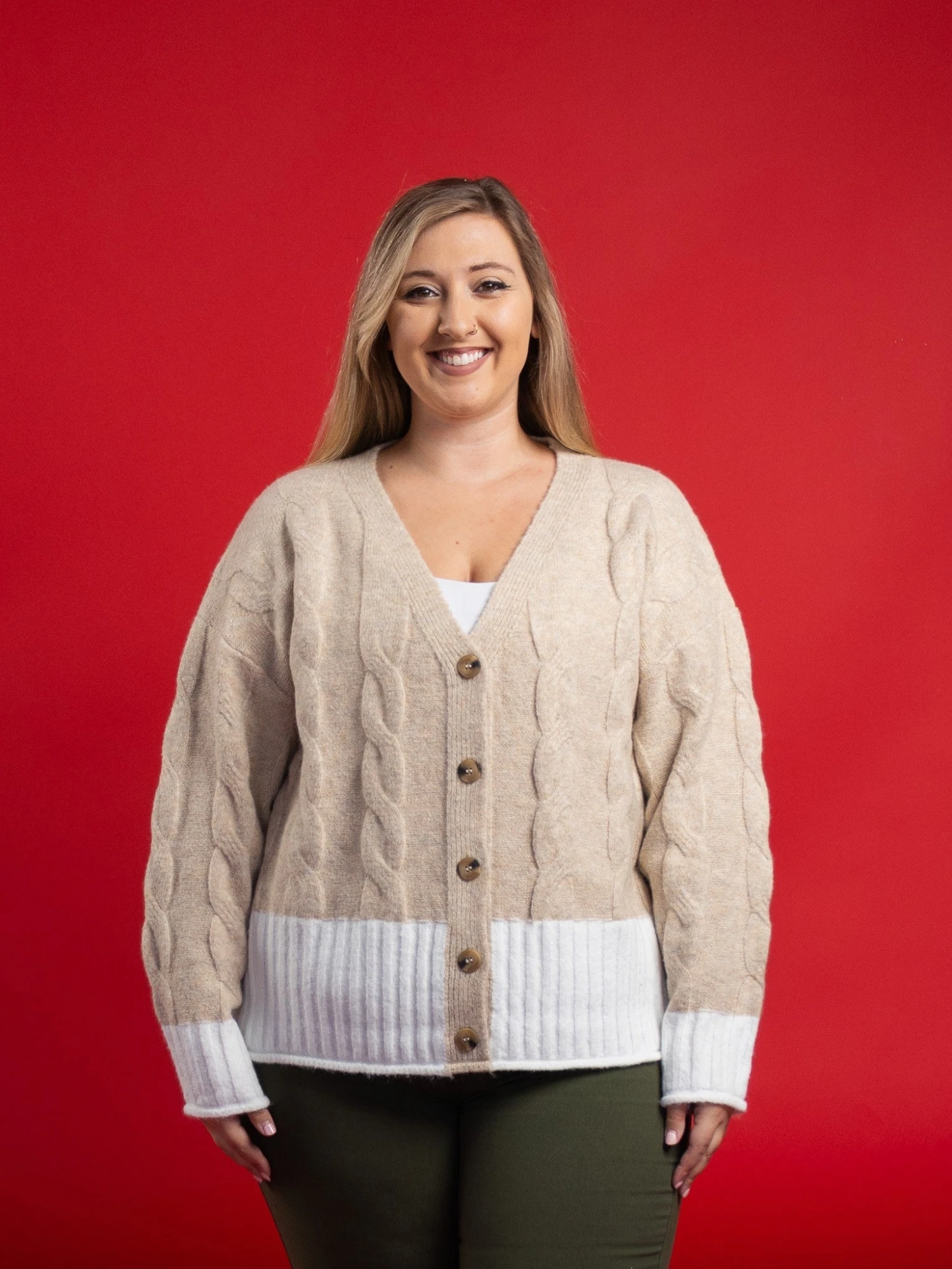 Colorblock Cable Knit V Neck Button Down Cardigan | S/M - 2X/3X 1 Colorblock Cable Knit V Neck Button Down Cardigan | S/M - 2X/3X