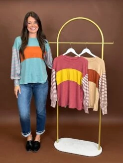 Colorblock Round Neck Top W/ Long Striped Bishop Sleeves | S - 2XL