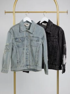 Star Patch Collared Button-Down Denim Jacket W/ Sequins Detail | S - L