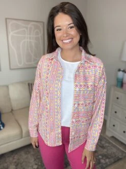 Multicolor Print Button Down Long Sleeve Collared Shacket | S-3X