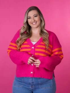 Striped Waffle Texture Button Down Cardigan | S-3X