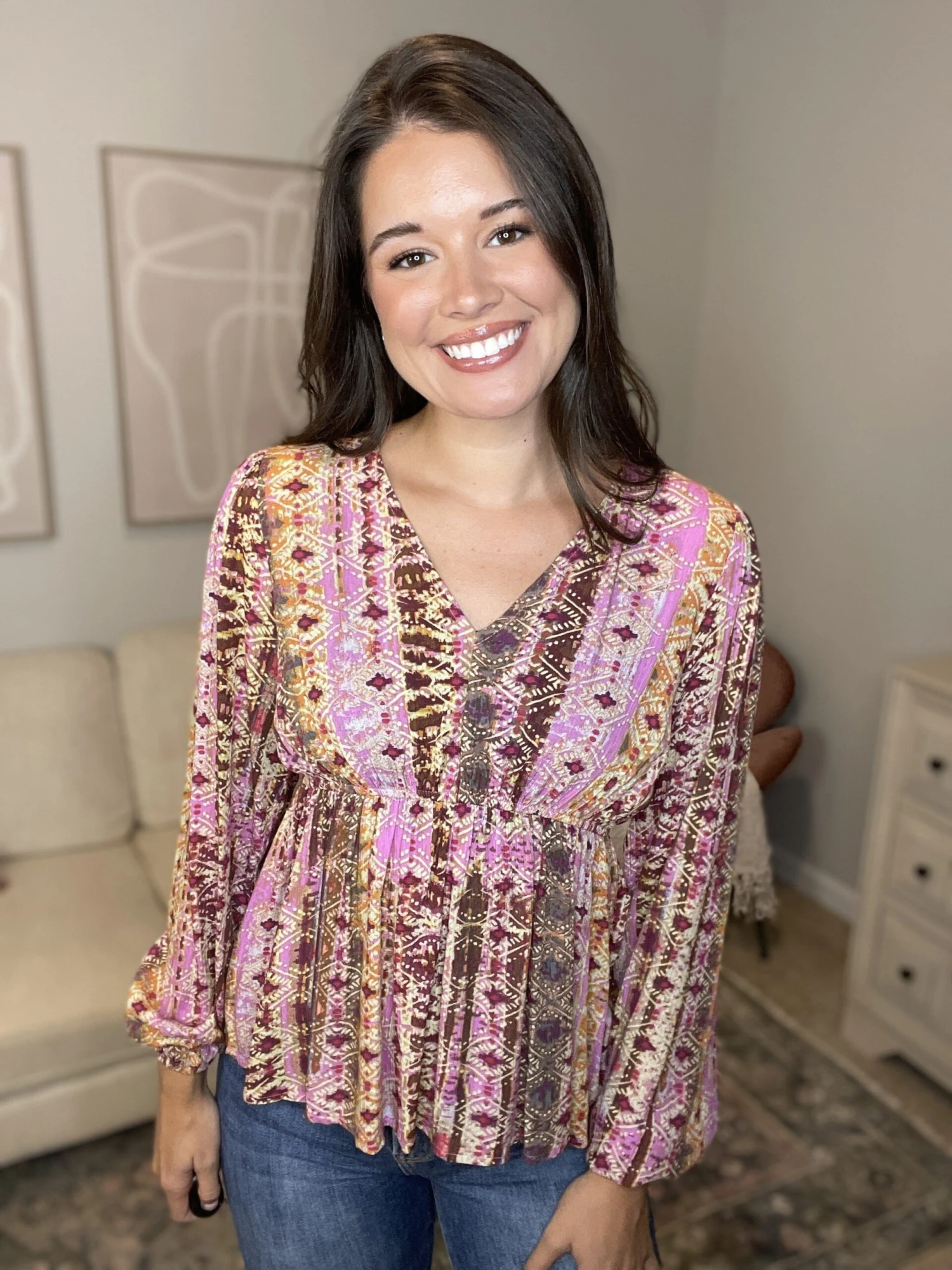 Geometric Print V Neck Long Sleeve Top | S - 3X 1 Geometric Print V Neck Long Sleeve Top | S - 3X