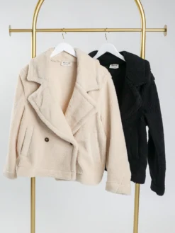 Long Sleeve Sherpa Fleece Teddy Lapel Coat W/ Buttons | S - L