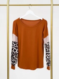 Leopard Color Block Long Sleeve Round Neck Top | S - 2XL