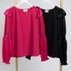 Round Neck Ruffle Detailed Blouse W/ Long Puff Sleeves & Smocking | S - L