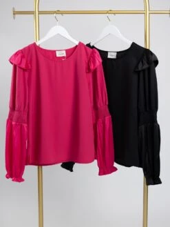 Round Neck Ruffle Detailed Blouse W/ Long Puff Sleeves & Smocking | S - L