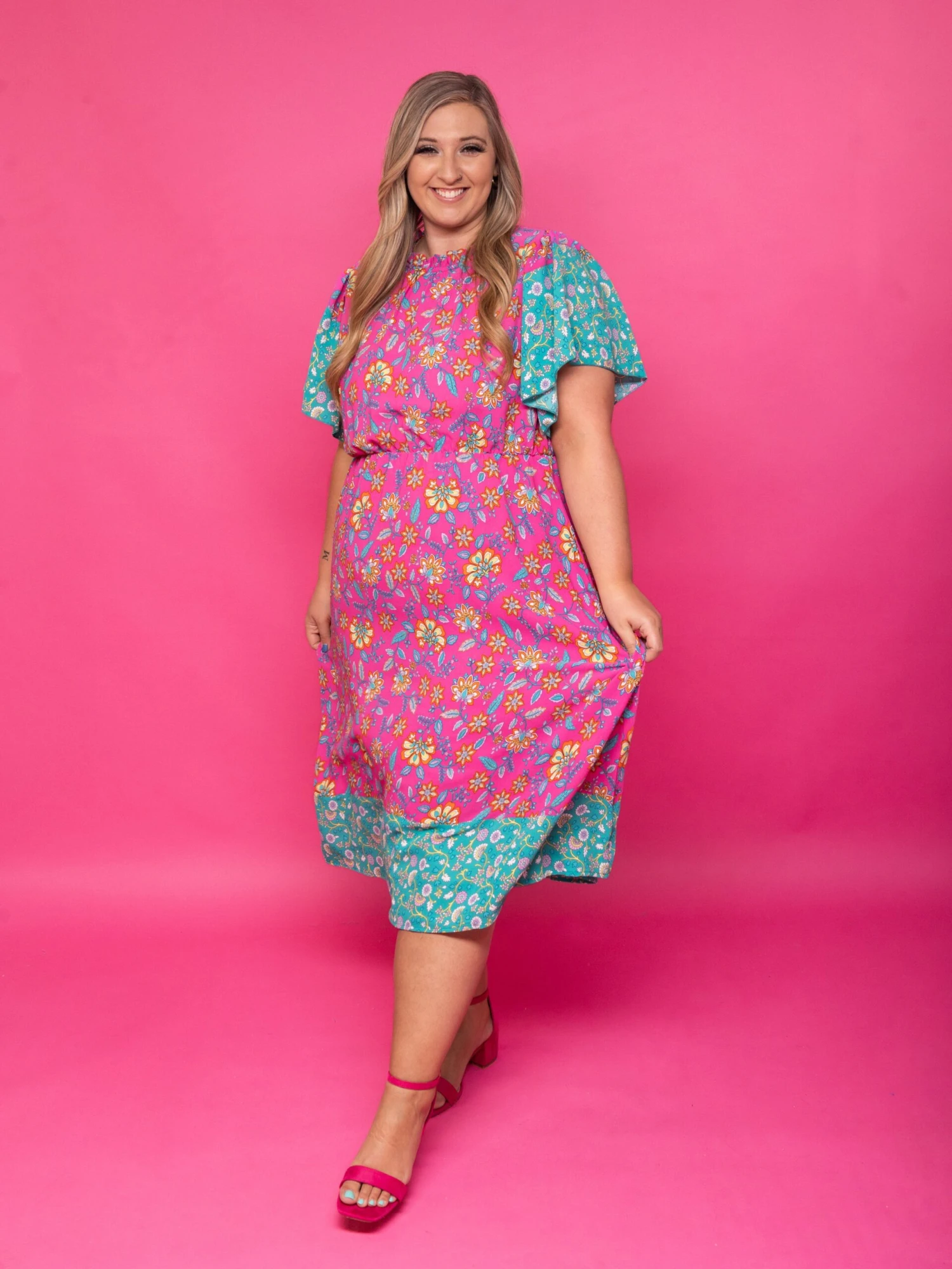 Mock Neck Floral Colorblock Short Sleeve Midi Dress | S - 3XL 1 Mock Neck Floral Colorblock Short Sleeve Midi Dress | S - 3XL