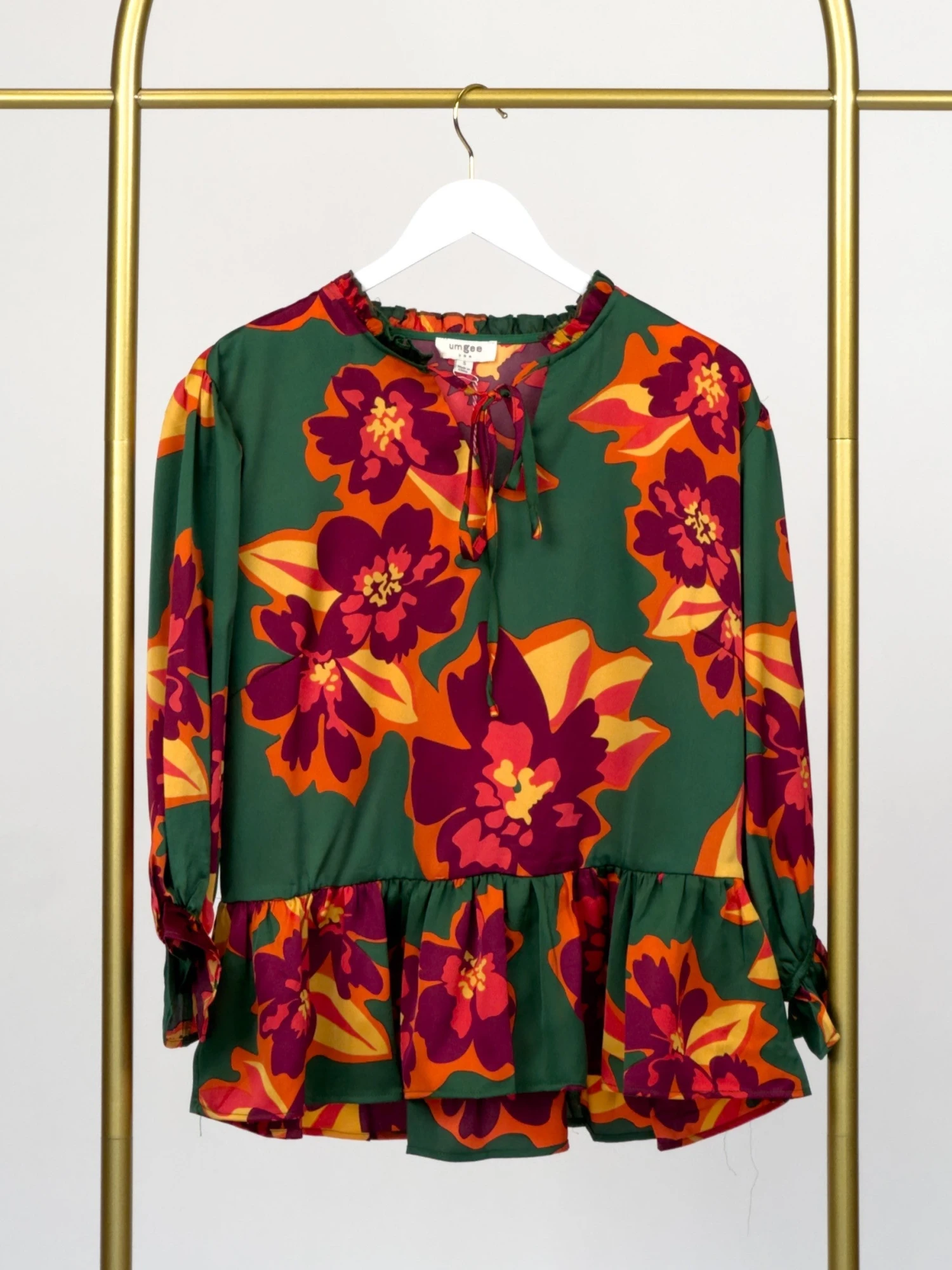 Satin Floral Print Ruffle Neck Tie Long Sleeve Tiered Top | S - L 1 Satin Floral Print Ruffle Neck Tie Long Sleeve Tiered Top | S - L