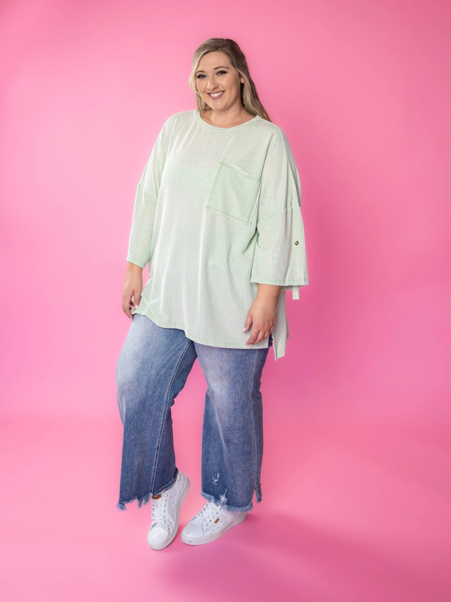 Roll Up Sleeves Round Neck Ribbed Oversized Top W/ Chest Pocket | S-2X 2 Roll Up Sleeves Round Neck Ribbed Oversized Top W/ Chest Pocket | S-2X - Image 2