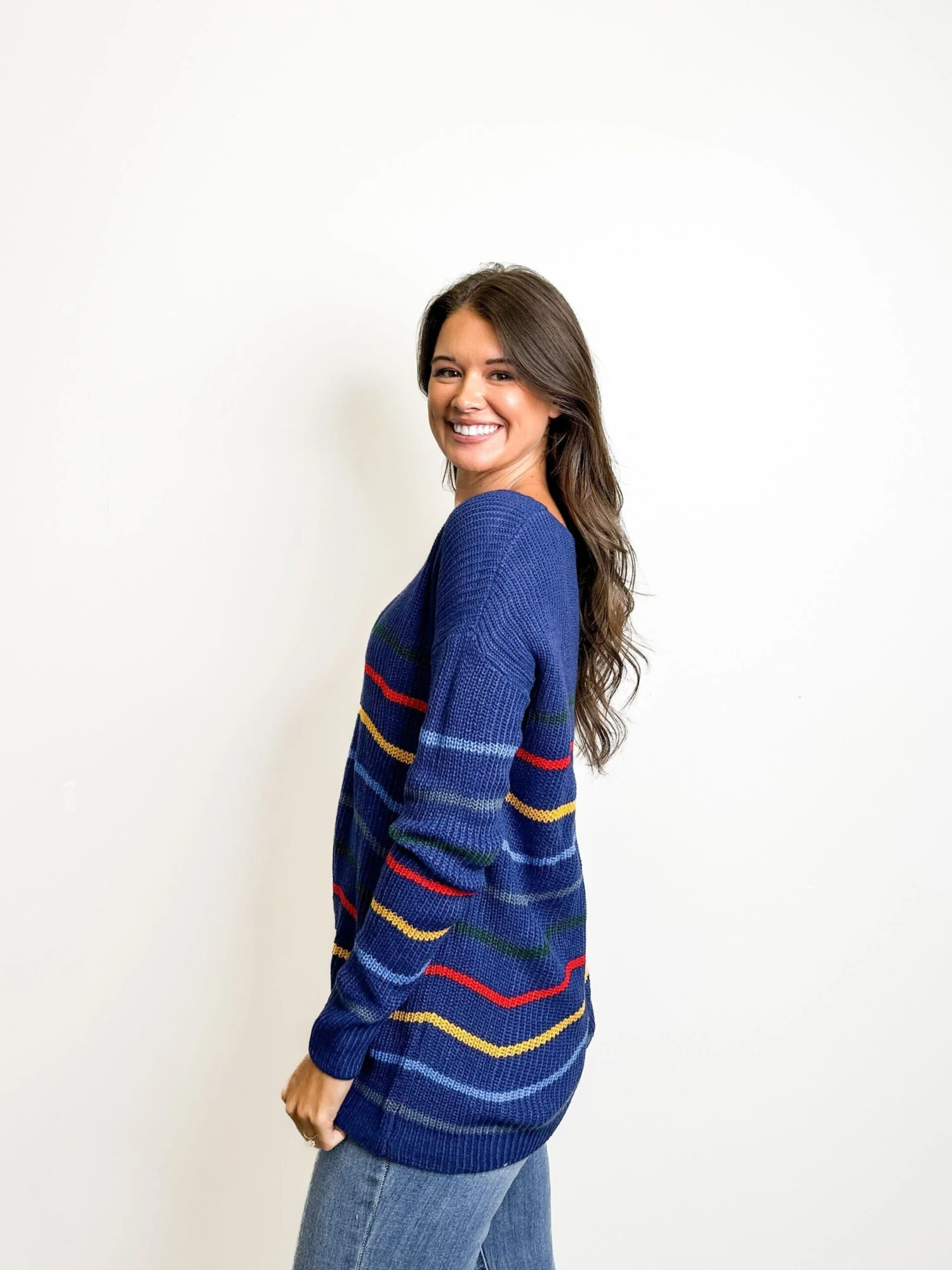 Striped Relaxed Fit Knit Long Sleeve V Neck Sweater | S-2X 2 Striped Relaxed Fit Knit Long Sleeve V Neck Sweater | S-2X - Image 2