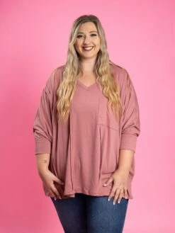 3/4 Sleeve V Neck Oversized Top W/ Chest Pocket | S-3X